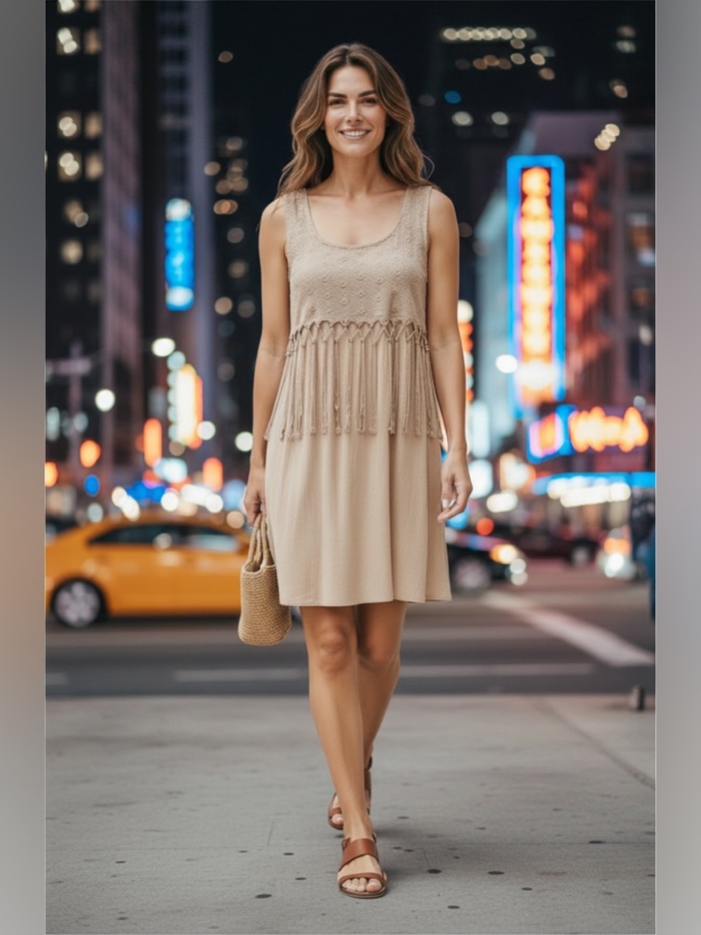 JODIFL Taupe Fringe Knit Sleeveless Mini Dress